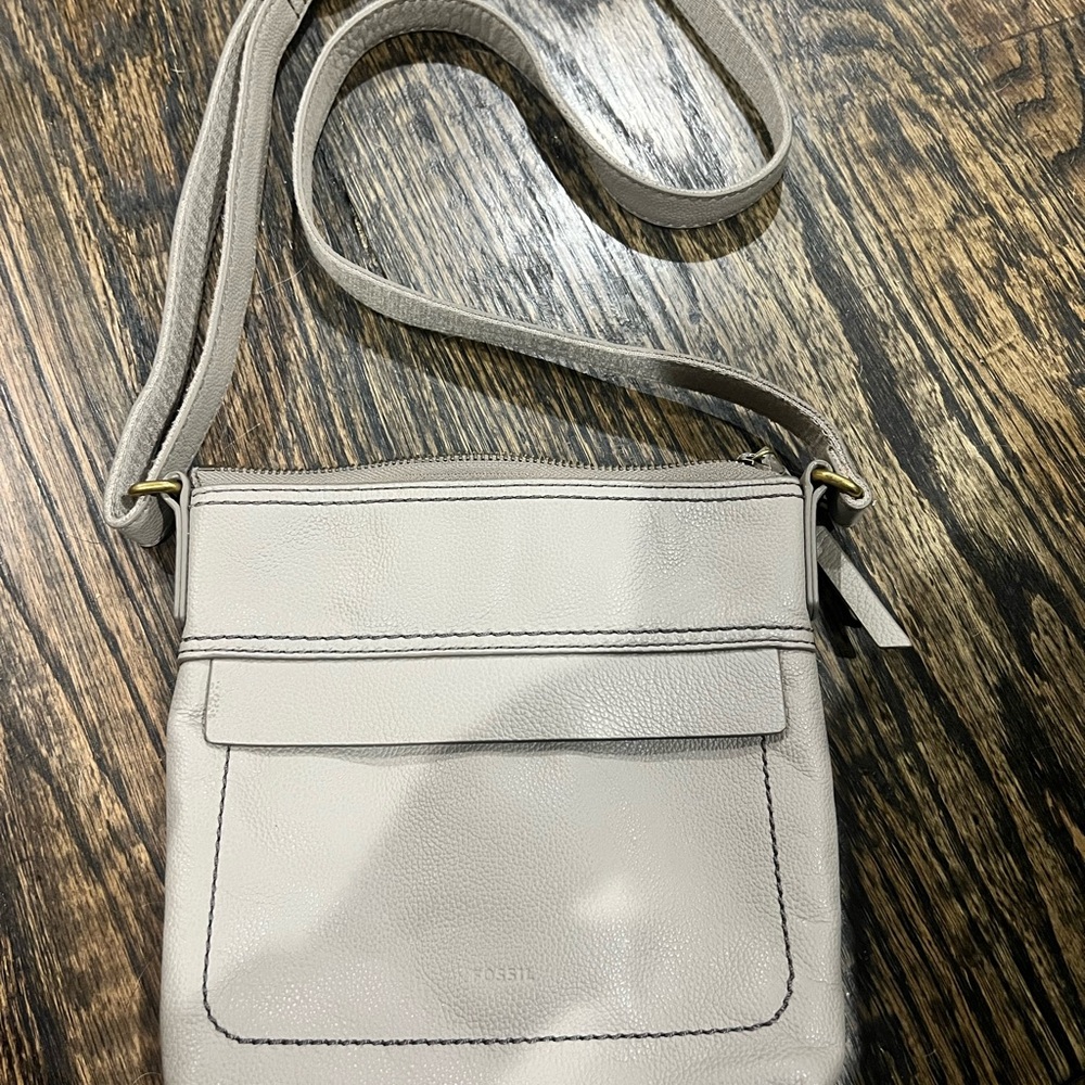 Fossil Gray Leather Crossbody Bag with Adjustable Strap